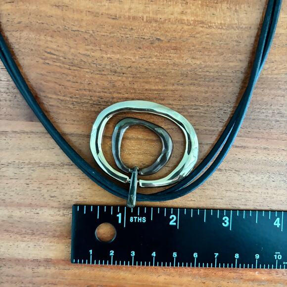 Two Tone Gold Bronze Rings Pendant Necklace Black Leather Cord Adjustable - Picture 6 of 8